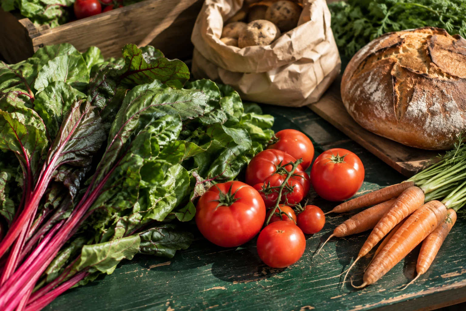 AI-generated produce and bread on a green table; fictional visual study