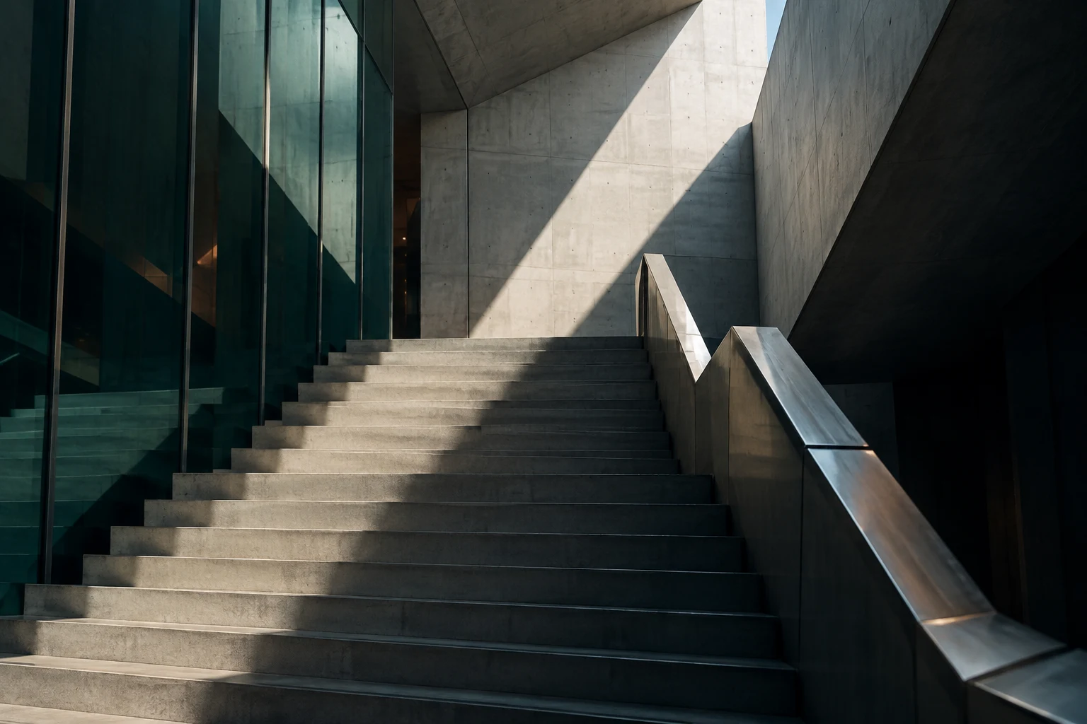 AI-generated concrete staircase and teal glass; architectural visual study