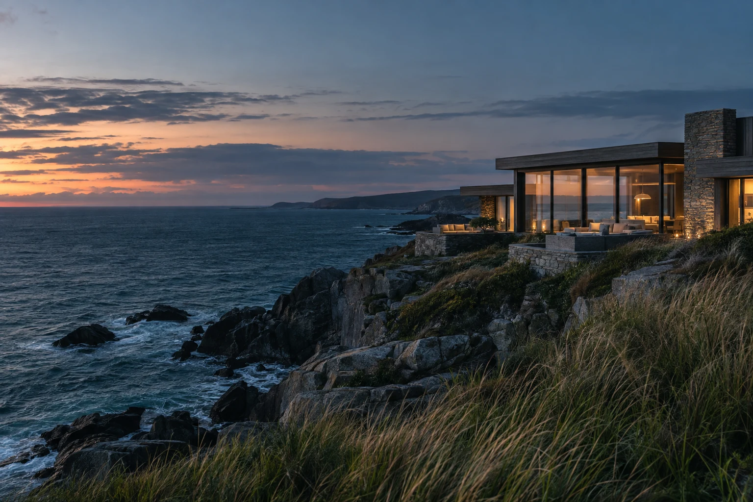 Fictional coastal house with warm windows above a deep blue cove