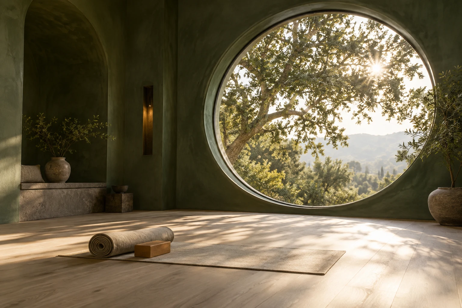 AI-generated olive movement studio with round sunlit window; fictional space